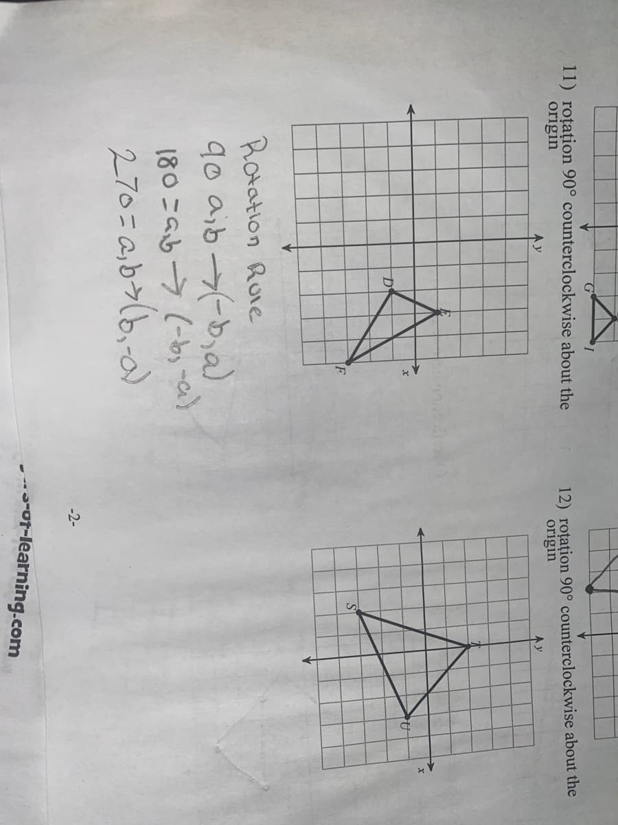 11) roțațion 90° counterclockwise about the
origin
12) roțațion 90° counterclockwise about the
origin
A y
IF
Rotation Ruie
9o aib y(b,a)
180こGb→(-bっa)
270= a,b>(b,-a)
-2-
01-learning.com
