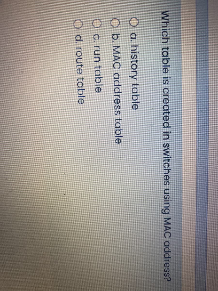 Which table is created in switches using MAC address?
O a. history table
O b. MAC address table
O c. run table
O d. route table
