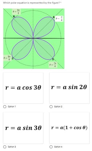 Which polar equation is represented by the figure?*
ra cos 30 r = a sin 20
Option 1
Option 2
ra sin 30
r = a(1 + cos 0)
Option 3
Option 4