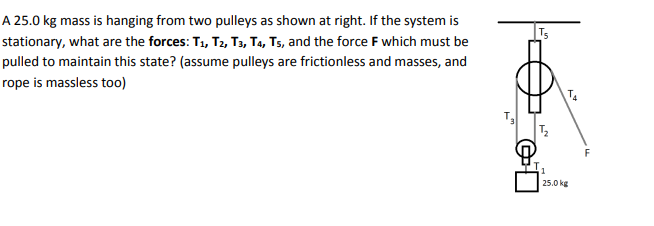 A 25.0 kg mass is hanging from two pulleys as shown at right. If the system is
stationary, what are the forces: T1, T2, T3, T4, Ts, and the force F which must be
pulled to maintain this state? (assume pulleys are frictionless and masses, and
rope is massless too)
25.0 kg
