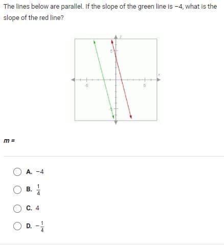 The lines below are parallel. If the slope of the green line is -4, what is the
slope of the red line?
m =
O A. -4
O B.
O C. 4
O D. -
