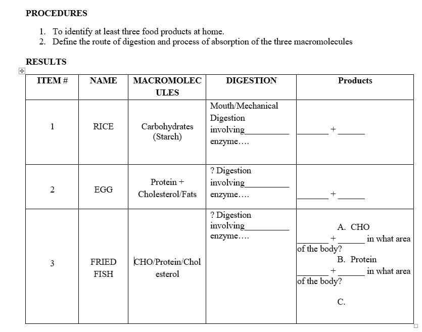 PROCEDURES
1. To identify at least three food products at home.
2. Define the route of digestion and process of absorption of the three macromolecules
RESULTS
ITEM #
NAME
MACROMOLEC
DIGESTION
Products
ULES
Mouth/Mechanical
Carbohydrates
(Starch)
Digestion
involving
1
RICE
+
enzyme....
? Digestion
involving
Protein +
EGG
Cholesterol/Fats
enzyme....
? Digestion
involving
А. СНО
enzyme....
in what area
of the body?
снОProtein/Chol
B. Protein
FRIED
FISH
esterol
in what area
of the body?
C.
2.
3.
