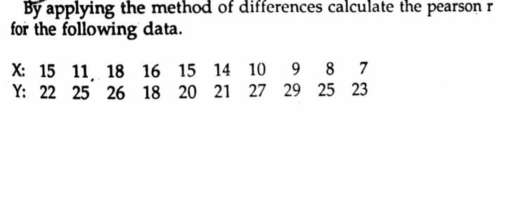 By applying the method of differences calculate the pearson r
for the following data.
X: 15 11 18 16 15 14 10
Y: 22 25 26 18 20 21 27 29 25 23
9.
8
7

