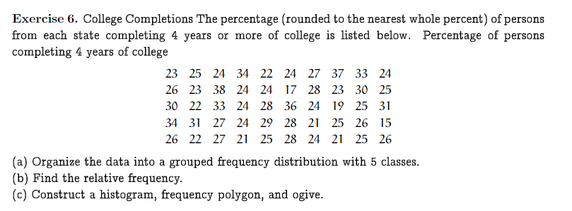 Exercise 6. College Completions The percentage (rounded to the nearest whole percent) of persons
from each state completing 4 years or more of college is listed below. Percentage of persons
completing 4 years of college
23
25 24 34 22 24 27 37 33 24
26 23 38 24 24 17 28 23 30 25
30 22 33 24 28 36 24 19 25 31
34 31 27 24 29 28 21 25 26 15
26 22 27 21 25 28 24 21 25 26
(a) Organize the data into a grouped frequency distribution with 5 classes.
(b) Find the relative frequency.
(c) Construct a histogram, frequency polygon, and ogive.