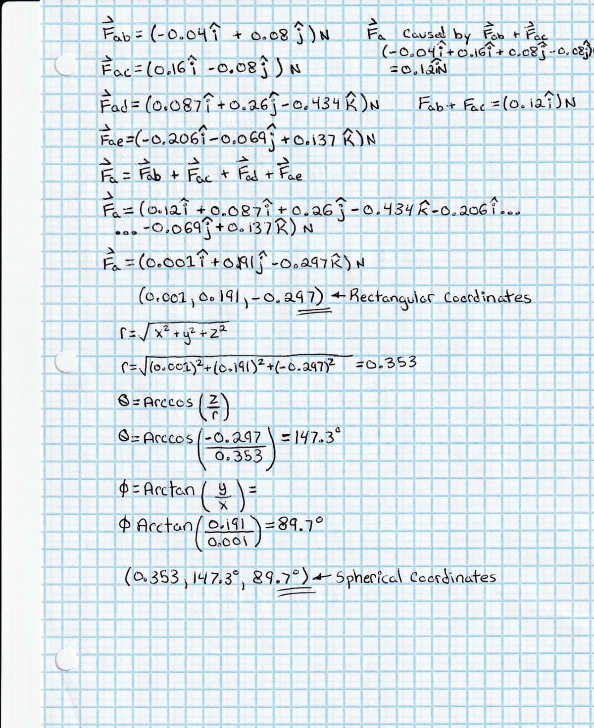 Fa Causel by ab r Pec
(-0.04i+0.161 + 0.08}-0.02)
t o.08 Ĵ )N
Fac=l0,16Î -0,08}
Fad= (0.087î +0.26ĵ-o,434 R DN
Fae=(-0,2061-0.069; +o.137 Ŕ)N
Fab= (-0.04Î
Fab+ Fac=(0. i2
%3D
+Fac t Fad + Fae
二
Fa= (ou12î to.087î+0.26-o,434 ĥ-0.206î..
-0.069+0.137R) N
=(0.001î +o91-0.297R)N
(0.001, 0.191,-0, 297) + Rectangular Coordinates
r=V(0.001)²+(0.191)?+(-0.297) =0.353
금)
O= Arccos ( Z
O= Arccos -0.297 =147.3°
0,353
$= Arctan /
$ Arctan/O.i91)=89.7°
O.001
(a353, 147.3°, 89.7°)+ Spherical Coordinates
