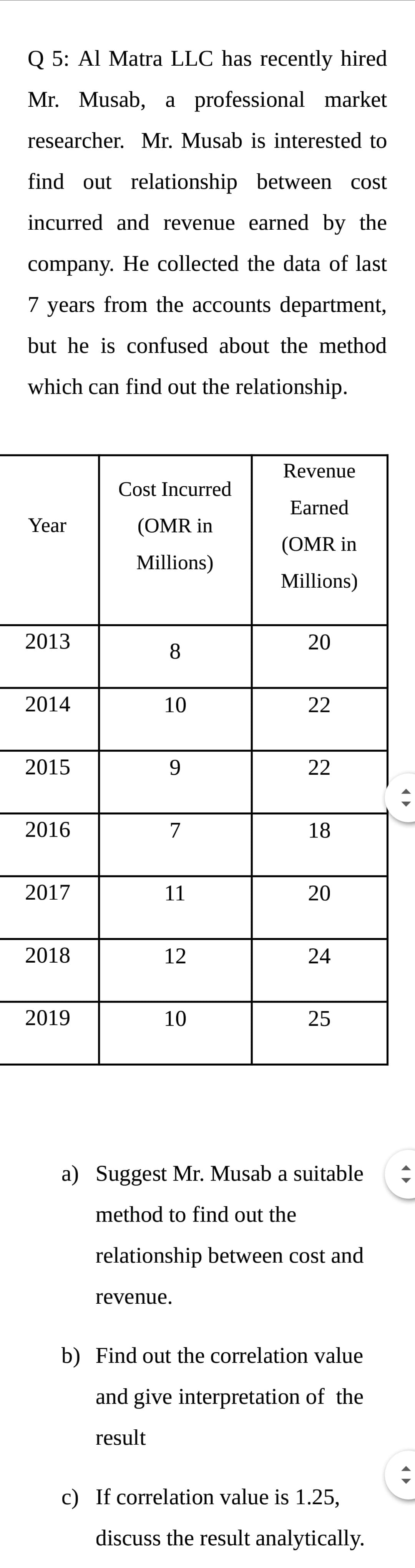 Q 5: Al Matra LLC has recently hired
Mr. Musab, a professional market
researcher. Mr. Musab is interested to
find out relationship between cost
incurred and revenue earned by the
company. He collected the data of last
7
7 years from the accounts department,
but he is confused about the method
which can find out the relationship.
Revenue
Cost Incurred
Earned
Year
(OMR in
(OMR in
Millions)
Millions)
2013
20
8
2014
10
22
2015
22
2016
7
18
2017
11
20
2018
12
24
2019
10
25
a)
Suggest Mr. Musab a suitable
method to find out the
relationship between cost and
revenue.
b) Find out the correlation value
and give interpretation of the
result
c) If correlation value is 1.25,
discuss the result analytically.
