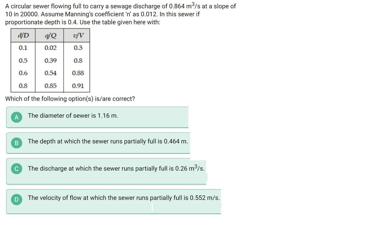 A circular sewer flowing full to carry a sewage discharge of 0.864 m /s at a slope of
10 in 20000. Assume Manning's coefficient 'n' as 0.012. In this sewer if
proportionate depth is 0.4. Use the table given here with:
d/D
/Q
v/V
0.1
0.02
0.3
0.5
0.39
0.8
0.6
0.54
0.88
0.8
0.85
0.91
Which of the following option(s) is/are correct?
The diameter of sewer is 1.16 m.
The depth at which the sewer runs partially full is 0.464 m.
C
The discharge at which the sewer runs partially full is 0.26 m/s.
The velocity of flow at which the sewer runs partially full is 0.552 m/s.
