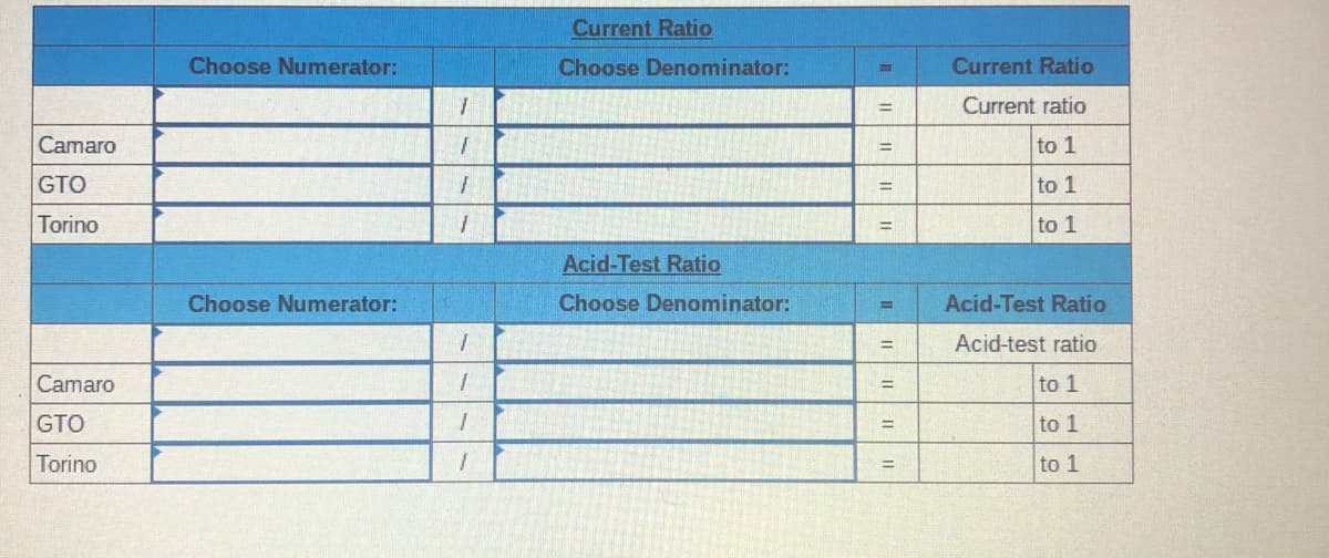 Current Ratio
Choose Numerator:
Choose Denominator:
Current Ratio
Current ratio
Camaro
%3D
to 1
GTO
%3D
to 1
Torino
to 1
Acid-Test Ratio
Choose Numerator:
Choose Denominator:
%3D
Acid-Test Ratio
%3D
Acid-test ratio
Camaro
to 1
%3D
GTO
to 1
%3D
Torino
to 1
%3D
