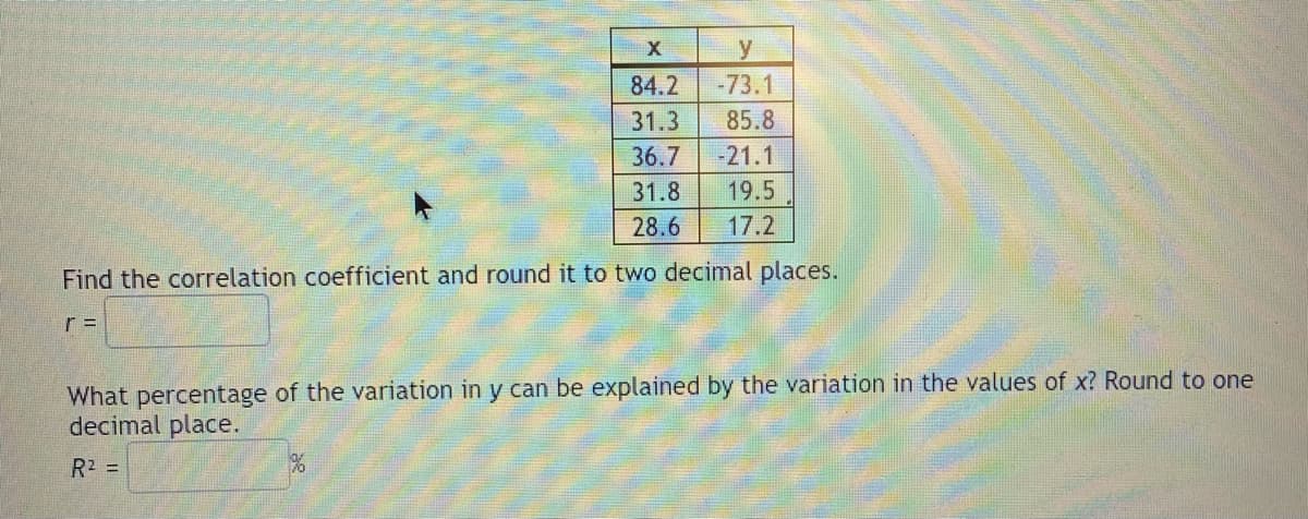 X
y
84.2 -73.1
31.3 85.8
36.7
-21.1
31.8
19.5
28.6
17.2
Find the correlation coefficient and round it to two decimal places.
r =
What percentage of the variation in y can be explained by the variation in the values of x? Round to one
decimal place.
R² =