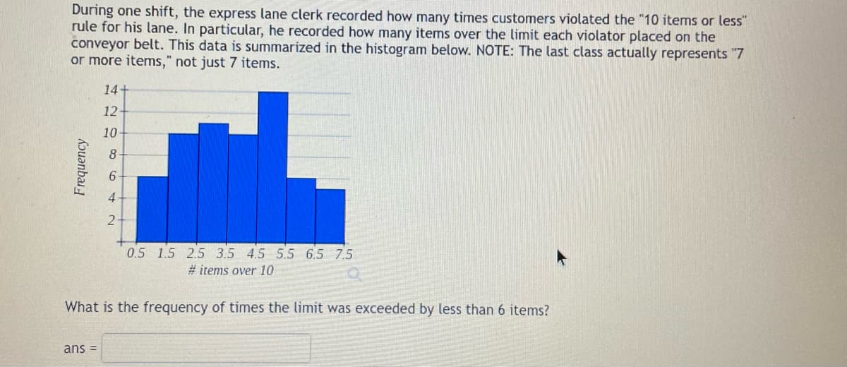 During one shift, the express lane clerk recorded how many times customers violated the "10 items or less"
rule for his lane. In particular, he recorded how many items over the limit each violator placed on the
conveyor belt. This data is summarized in the histogram below. NOTE: The last class actually represents "7
or more items," not just 7 items.
Frequency
14+
12-
10
ans =
8-
4
2
0.5 1.5 2.5 3.5 4.5 5.5 6.5 7.5
#items over 10
What is the frequency of times the limit was exceeded by less than 6 items?