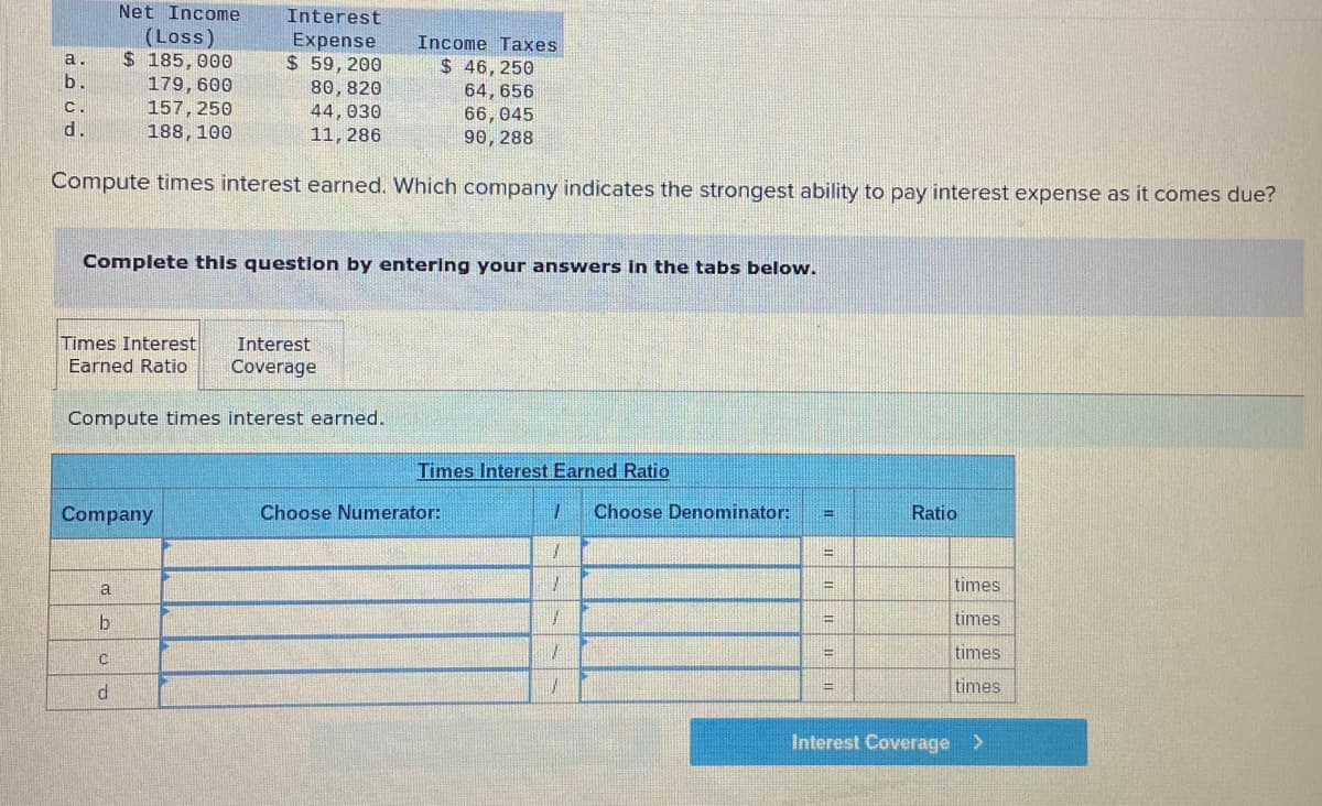 Net Income
Interest
(Loss)
$ 185, 000
179, 600
157, 250
188, 100
Expense
$ 59,200
80, 820
Income Taxes
a.
$ 46, 250
b.
64, 656
66,045
90, 288
C.
44, 030
11, 286
d.
Compute times interest earned. Which company indicates the strongest ability to pay interest expense as it comes due?
Complete this question by entering your answers In the tabs below.
Times Interest
Interest
Earned Ratio
Coverage
Compute times interest earned.
Times Interest Earned Ratio
Company
Choose Numerator:
Choose Denominator:
Ratio
%3D
%3D
times
times
times
!!
times
!!
Interest Coverage >
