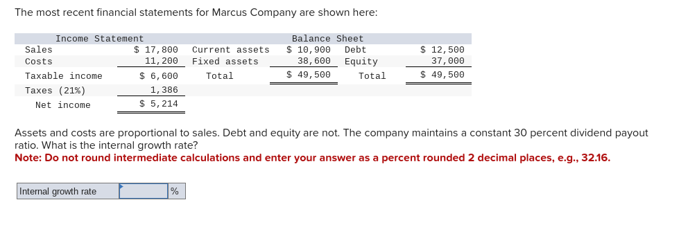 The most recent financial statements for Marcus Company are shown here:
Balance Sheet
Income Statement
Sales
$ 17,800
Costs
11, 200
Current assets
Fixed assets
$ 10,900
38,600
Taxable income
$ 6,600
Total
$ 49,500
Taxes (21%)
1,386
$ 5,214
Debt
Equity
$ 12,500
37,000
Total
$ 49,500
Net income
Assets and costs are proportional to sales. Debt and equity are not. The company maintains a constant 30 percent dividend payout
ratio. What is the internal growth rate?
Note: Do not round intermediate calculations and enter your answer as a percent rounded 2 decimal places, e.g., 32.16.
Internal growth rate
%