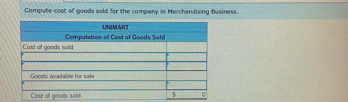 Compute cost of goods sold for the company in Merchandising Business.
UNIMART
Computation of Cost of Goods Sold
Cost of goods sold
Goods available for sale
Cost of goods sold
$
10