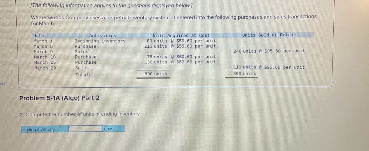 [The following information applies to the questions displayed below.]
Warnerwoods Company uses a perpetual inventory system. It entered into the following purchases and sales transactions
for March.
Units Sold at Retail
Units Acquired at Cost
80 units @ $50.60 per unit
215 units @ $55.60 per unit
Date
Activities
March 1
Beginning inventory
Purchase
Sales
March 5
240 units @ $85.60 per unit
March 9
March 18
Purchase
Purchase
75 units @ s60.60 per unit
|130 units @ S62.60 per unit
March 25
March 29
Sales
110 units @ S95.60 per unit
Totals
500 units
350 units
Ces
Problem 5-1A (Algo) Part 2
2. Compute the number of units in ending inventory.
Ending inventory
units
