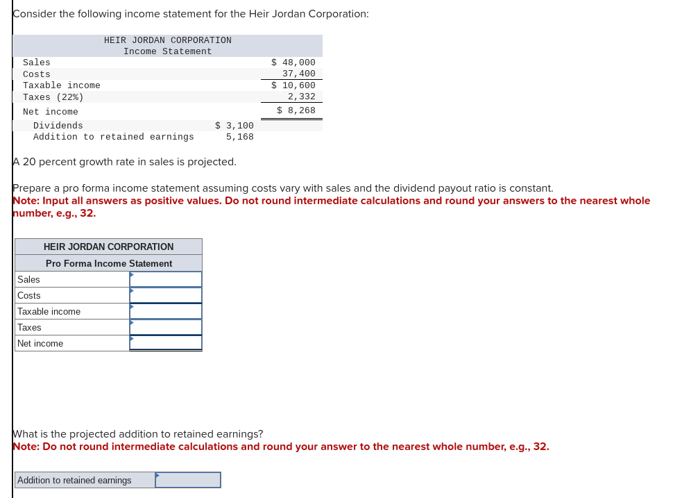 Consider the following income statement for the Heir Jordan Corporation:
HEIR JORDAN CORPORATION
Income Statement
Sales
Costs
Taxable income
Taxes (22%)
Net income
$ 48,000
37,400
$ 10,600
2,332
$ 8,268
Dividends
Addition to retained earnings
$ 3,100
5,168
A 20 percent growth rate in sales is projected.
Prepare a pro forma income statement assuming costs vary with sales and the dividend payout ratio is constant.
Note: Input all answers as positive values. Do not round intermediate calculations and round your answers to the nearest whole
number, e.g., 32.
Sales
HEIR JORDAN CORPORATION
Pro Forma Income Statement
Costs
Taxable income
Taxes
Net income
What is the projected addition to retained earnings?
Note: Do not round intermediate calculations and round your answer to the nearest whole number, e.g., 32.
Addition to retained earnings