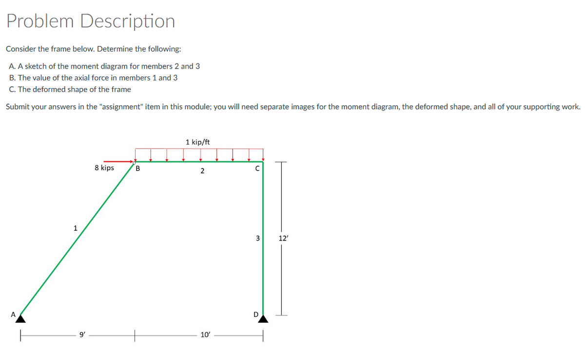 Problem Description
Consider the frame below. Determine the following:
A. A sketch of the moment diagram for members 2 and 3
B. The value of the axial force in members 1 and 3
C. The deformed shape of the frame
Submit your answers in the "assignment" item in this module; you will need separate images for the moment diagram, the deformed shape, and all of your supporting work.
1 kip/ft
8 kips
2
1
12'
9'
10'
