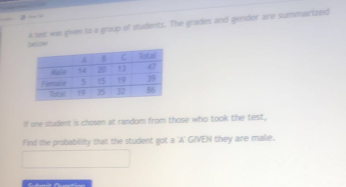 A test was ghven to a group of students. The grades and gender are summarized
beliow
Total
47
Male
14
20 13
Female
5n
15
19
39
Total
19 35
32
86
f one student is chosen at random from those who took the test,
Find the probability that the student got a A' GIVEN they are male.
