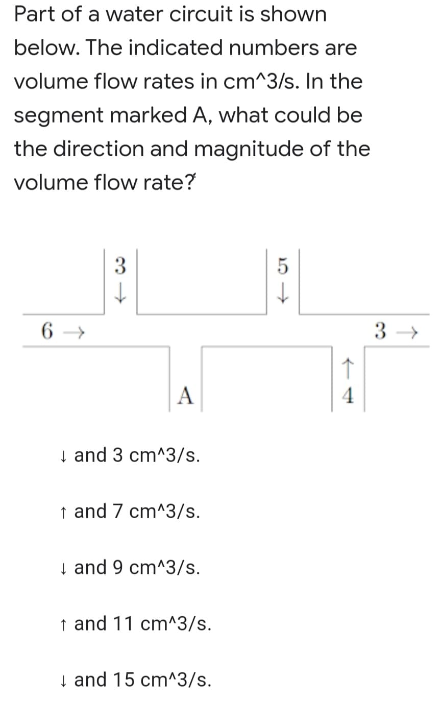 Part of a water circuit is shown
below. The indicated numbers are
volume flow rates in cm^3/s. In the
segment marked A, what could be
the direction and magnitude of the
volume flow rate?
3.
6 →
A
4
| and 3 cm^3/s.
↑ and 7 cm^3/s.
ļ and 9 cm^3/s.
↑ and 11 cm^3/s.
ļ and 15 cm^3/s.
