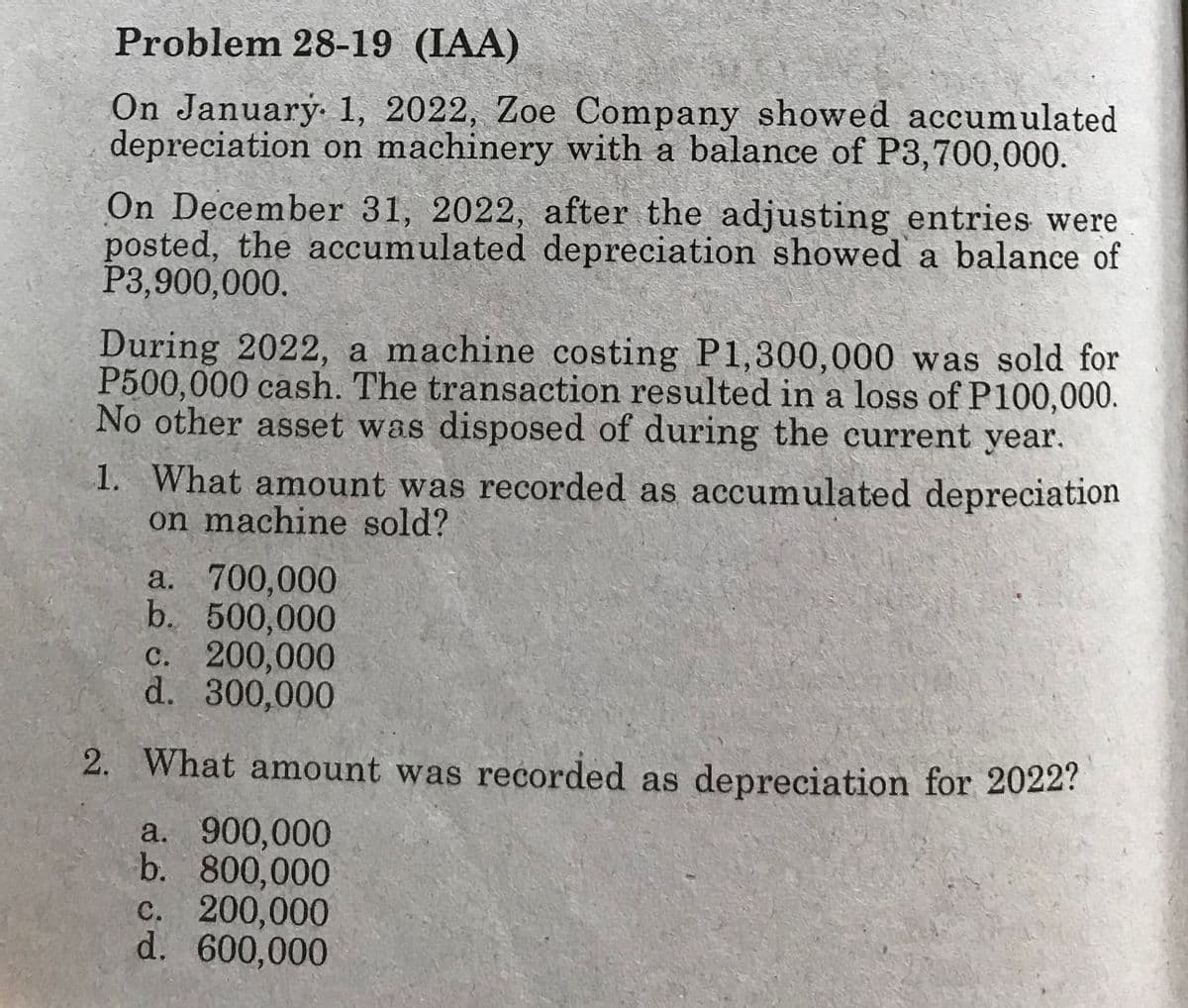 Problem 28-19 (IAA)
On January 1, 2022, Zoe Company showed accumulated
depreciation on machinery with a balance of P3,700,000.
On December 31, 2022, after the adjusting entries were
posted, the accumulated depreciation showed a balance of
P3,900,000.
During 2022, a machine costing P1,300,000 was sold for
P500,000 cash. The transaction resulted in a loss of P100,000.
No other asset was disposed of during the current year.
1. What amount was recorded as accumulated depreciation
on machine sold?
a. 700,000
b. 500,000
c. 200,000
d. 300,000
2. What amount was recorded as depreciation for 2022?
a. 900,000
b. 800,000
c. 200,000
d. 600,000