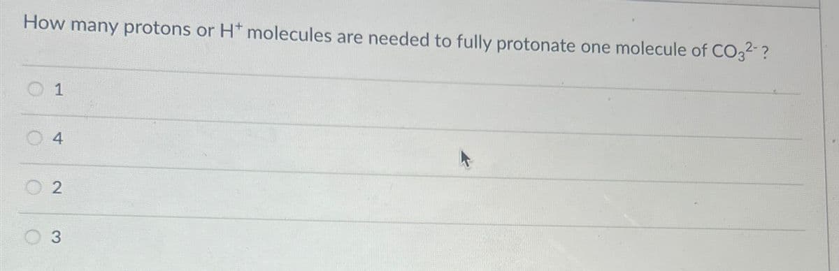 How many protons or H* molecules are needed to fully protonate one molecule of CO3²-?
1
4
ܠܕ
2
3