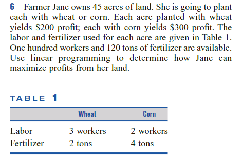 6 Farmer Jane owns 45 acres of land. She is going to plant
each with wheat or corn. Each acre planted with wheat
yields $200 profit; each with corn yields $300 profit. The
labor and fertilizer used for each acre are given in Table 1.
One hundred workers and 120 tons of fertilizer are available.
Use linear programming to determine how Jane can
maximize profits from her land.
TABLE 1
Wheat
Corn
Labor
3 workers
2 workers
Fertilizer
2 tons
4 tons
