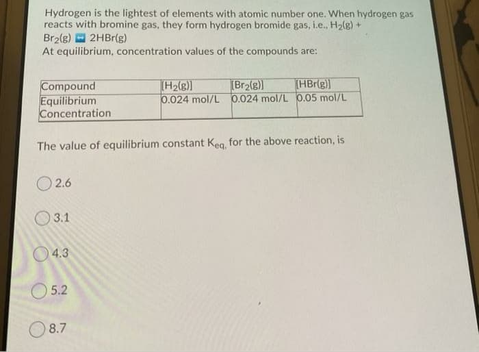 Hydrogen is the lightest of elements with atomic number one. When hydrogen gas
reacts with bromine gas, they form hydrogen bromide gas, i.e., H2lg) +
Br2(g) - 2HB1(g)
At equilibrium, concentration values of the compounds are:
(H2(g)]
(HBr(g)]
Compound
Equilibrium
Concentration
(Br2(g)]
0.024 mol/L 0.024 mol/L O.05 mol/L
The value of equilibrium constant Keg, for the above reaction, is
O 2.6
O 3.1
O4.3
5.2
O 8.7
