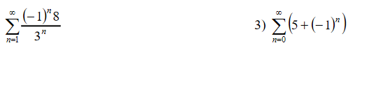 ## Series and Summation Notation

In this module, we will explore examples of infinite series and their notation.

### Example 1
\[ 
\sum_{n=1}^{\infty} \frac{(-1)^n 8}{3^n} 
\]

This expression represents an infinite series starting from \( n = 1 \) and continuing indefinitely. Each term in the series is given by the formula:
\[ 
\frac{(-1)^n 8}{3^n} 
\]

#### Explanation
- \(\sum\): The summation symbol indicates that we are adding up a series of terms.
- \(n=1\) to \(\infty\): Indicates that the variable \( n \) starts at 1 and increases indefinitely.
- \( \frac{(-1)^n 8}{3^n} \): The general term of the series.

### Example 2
\[ 
3) \sum_{n=0}^{\infty} \left(5 + (-1)^n \right) 
\]

This expression represents another infinite series that starts from \( n = 0 \) and continues indefinitely. Each term in this series is given by the formula:
\[ 
5 + (-1)^n 
\]

#### Explanation
- \(\sum\): The summation symbol indicates that we are adding up a series of terms.
- \(n=0\) to \(\infty\): Indicates that the variable \( n \) starts at 0 and increases indefinitely.
- \( 5 + (-1)^n \): The general term of the series, where the term alternates due to \((-1)^n\).

### Summary
These series are examples of how infinite summation can be represented in mathematical notation. The first example alternates in sign and diminishes as \( n \) increases, while the second example incorporates a constant term (5) with an alternating sequence.

Understanding these forms can help in recognizing patterns and properties of different types of series, particularly those involving infinite summation.