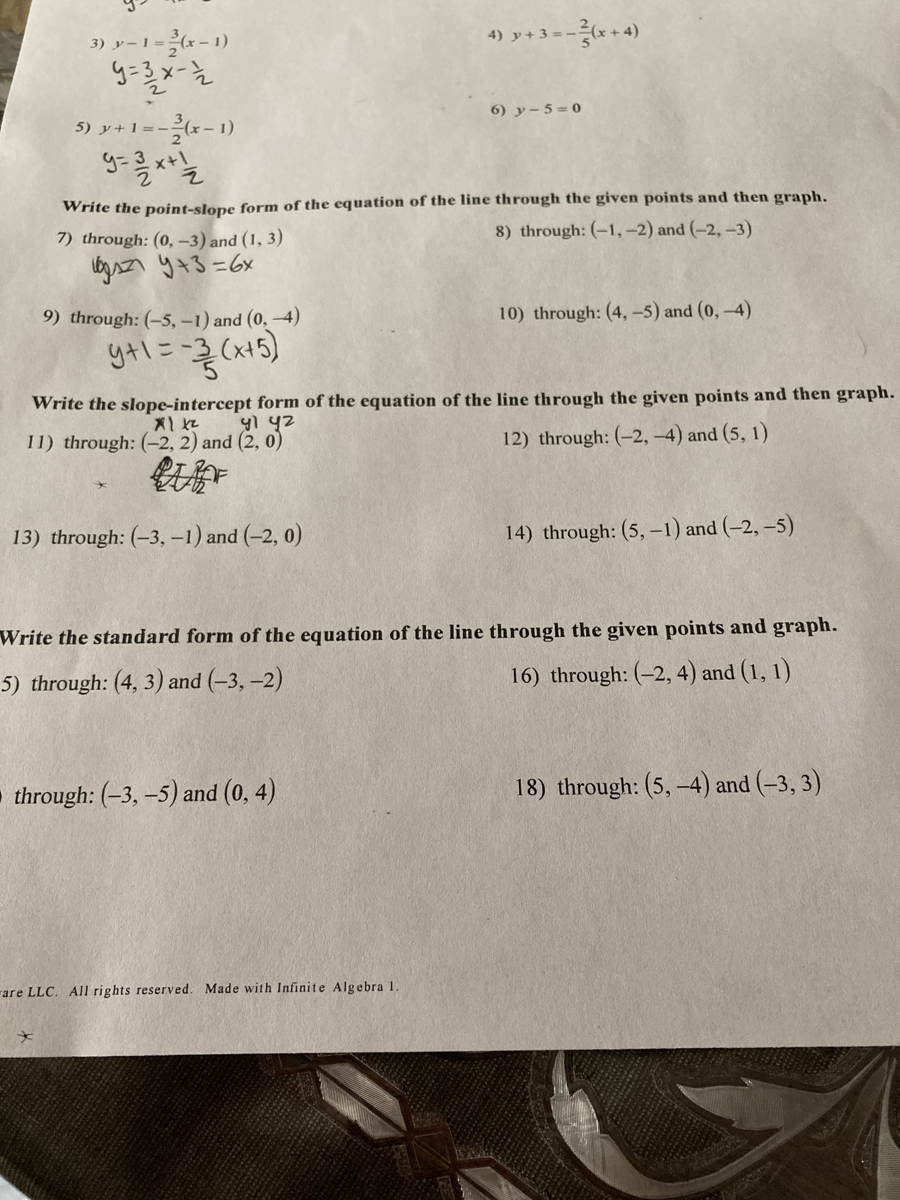 Write the slope-intercept form of the equation of the line through the given points and then graph.
y1 42
11) through: (-2, 2) and (2, 0)
12) through: (-2, -4) and (5, 1)
13) through: (-3, -1) and (-2, 0)
14) through: (5,-1) and (-2, -5)
