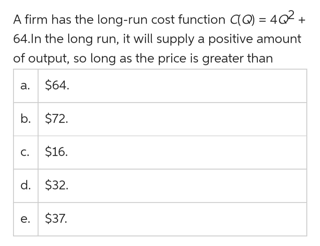 A firm has the long-run cost function (Q) = 4Q +
64.In the long run, it will supply a positive amount
of output, so long as the price is greater than
а.
$64.
b. $72.
С.
$16.
d. $32.
$37.
е.
