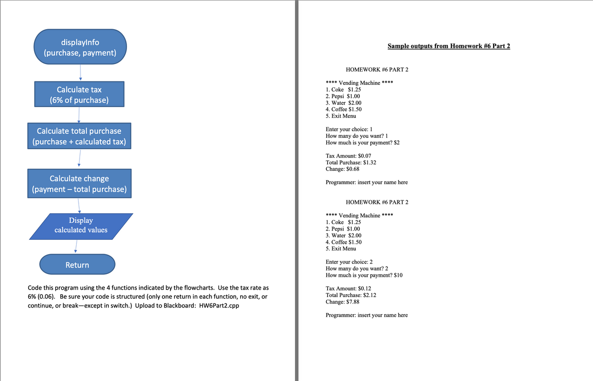 displaylnfo
(purchase, payment)
Sample outputs from Homework #6 Part 2
HOMEWORK #6 PART 2
**** Vending Machine ****
Calculate tax
1. Coke $1.25
2. Pepsi $1.00
3. Water $2.00
4. Coffee $1.50
5. Exit Menu
(6% of purchase)
Calculate total purchase
(purchase + calculated tax)
Enter your choice: 1
How many do you want? 1
How much is your payment? $2
Tax Amount: $0.07
Total Purchase: $1.32
Change: $0.68
Calculate change
Programmer: insert your name here
(payment – total purchase)
HOMEWORK #6 PART 2
**** Vending Machine ****
Display
1. Coke $1.25
2. Pepsi $1.00
3. Water $2.00
4. Coffee $1.50
5. Exit Menu
calculated values
Enter your choice: 2
How many do you want? 2
How much is your payment? $10
Return
Code this program using the 4 functions indicated by the flowcharts. Use the tax rate as
6% (0.06). Be sure your code is structured (only one return in each function, no exit, or
Tax Amount: $0.12
Total Purchase: $2.12
Change: $7.88
continue,
break-except in switch.) Upload to Blackboard: HW6Part2.cpp
Programmer: insert your name here
