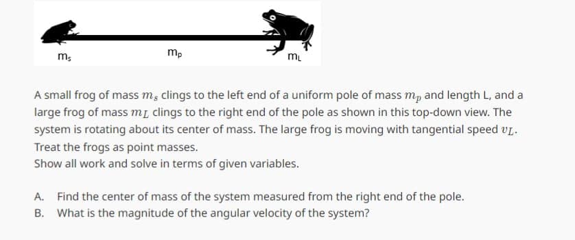 ms
mp
mL
A small frog of mass me clings to the left end of a uniform pole of mass mp and length L, and a
large frog of mass my clings to the right end of the pole as shown in this top-down view. The
system is rotating about its center of mass. The large frog is moving with tangential speed UL.
Treat the frogs as point masses.
Show all work and solve in terms of given variables.
A. Find the center of mass of the system measured from the right end of the pole.
B. What is the magnitude of the angular velocity of the system?