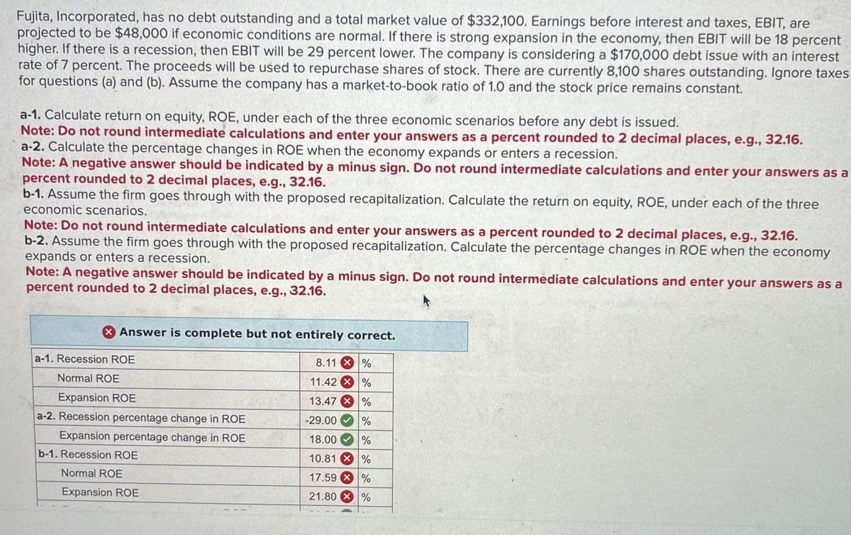 Fujita, Incorporated, has no debt outstanding and a total market value of $332,100. Earnings before interest and taxes, EBIT, are
projected to be $48,000 if economic conditions are normal. If there is strong expansion in the economy, then EBIT will be 18 percent
higher. If there is a recession, then EBIT will be 29 percent lower. The company is considering a $170,000 debt issue with an interest
rate of 7 percent. The proceeds will be used to repurchase shares of stock. There are currently 8,100 shares outstanding. Ignore taxes
for questions (a) and (b). Assume the company has a market-to-book ratio of 1.0 and the stock price remains constant.
a-1. Calculate return on equity, ROE, under each of the three economic scenarios before any debt is issued.
Note: Do not round intermediate calculations and enter your answers as a percent rounded to 2 decimal places, e.g., 32.16.
a-2. Calculate the percentage changes in ROE when the economy expands or enters a recession.
Note: A negative answer should be indicated by a minus sign. Do not round intermediate calculations and enter your answers as a
percent rounded to 2 decimal places, e.g., 32.16.
b-1. Assume the firm goes through with the proposed recapitalization. Calculate the return on equity, ROE, under each of the three
economic scenarios.
Note: Do not round intermediate calculations and enter your answers as a percent rounded to 2 decimal places, e.g., 32.16.
b-2. Assume the firm goes through with the proposed recapitalization. Calculate the percentage changes in ROE when the economy
expands or enters a recession.
Note: A negative answer should be indicated by a minus sign. Do not round intermediate calculations and enter your answers as a
percent rounded to 2 decimal places, e.g., 32.16.
Answer is complete but not entirely correct.
a-1. Recession ROE
Normal ROE
Expansion ROE
a-2. Recession percentage change in ROE
Expansion percentage change in ROE
b-1. Recession ROE
Normal ROE
Expansion ROE
8.11%
11.42 X %
13.47 %
-29.00
%
18.00
%
10.81 %
17.59 X %
21.80 X %