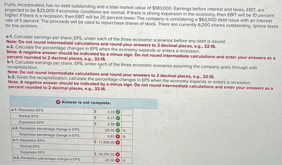 Fujita, Incorporated, has no debt outstanding and a total market value of $180,000. Earnings before interest and taxes, EBIT, are
projected to be $25,000 if economic conditions are normal. If there is strong expansion in the economy, then EBIT will be 10 percent
higher. If there is a recession, then EBIT will be 20 percent lower. The company is considering a $60,000 debt issue with an interest
rate of 5 percent. The proceeds will be used to repurchase shares of stock. There are currently 6,000 shares outstanding. Ignore taxes
for this problem.
a-1. Calculate earnings per share, EPS, under each of the three economic scenarios before any debt is issued.
Note: Do not round intermediate calculations and round your answers to 2 decimal places, e.g., 32.16.
a-2. Calculate the percentage changes in EPS when the economy expands or enters a recession.
Note: A negative answer should be indicated by a minus sign. Do not round intermediate calculations and enter your answers as a
percent rounded to 2 decimal places, e.g., 32.16.
b-1. Calculate earnings per share, EPS, under each of the three economic scenarios assuming the company goes through with
recapitalization.
Note: Do not round intermediate calculations and round your answers to 2 decimal places, e.g., 32.16.
b-2. Given the recapitalization, calculate the percentage changes in EPS when the economy expands or enters a recession.
Note: A negative answer should be indicated by a minus sign. Do not round intermediate calculations and enter your answers as a
percent rounded to 2 decimal places, e.g., 32.16.
Answer is not complete.
a-1. Recession EPS
Normal EPS
Expansion EPS
a-2. Recession percentage change in EPS
Expansion percentage change in EPS
b-1. Recession EPS
Normal EPS
Expansion EPS
b-2. Recession percentage change in EPS
$
$
$
3.33
4.17
4.58
-20.00
9.83%
$ 17,600.00 X
%
$ 24,200.00 X
-20.00 X %