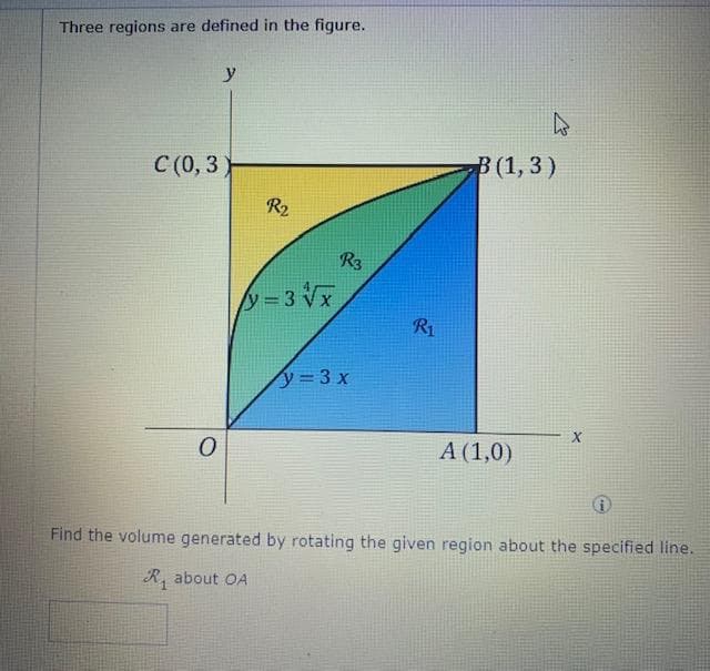 Three regions are defined in the figure.
y
С (0, 3
В 1,3)
R2
R3
= 3 Vx
R1
y 3 x
A (1,0)
Find the volume generated by rotating the given region about the specified line.
R, about OA
