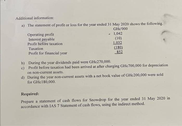 Additional information:
a) The statement of profit or loss for the year ended 31 May 2020 shows the following.
GHc'000
Operating profit
Interest payable
Profit before taxation
Taxation
Profit for financial year
1,042
(10)
1.032
(180)
852
b) During the year dividends paid were GHC270,000.
c) Profit before taxation had been arrived at after charging GHc700,000 for depreciation
on non-current assets.
d) During the year non-current assets with a net book value of GHC200,000 were sold
for GHc180,000.
Required:
Prepare a statement of cash flows for Snowdrop for the year ended 31 May 2020 in
accordance with IAS 7 Statement of cash flows, using the indirect method.
