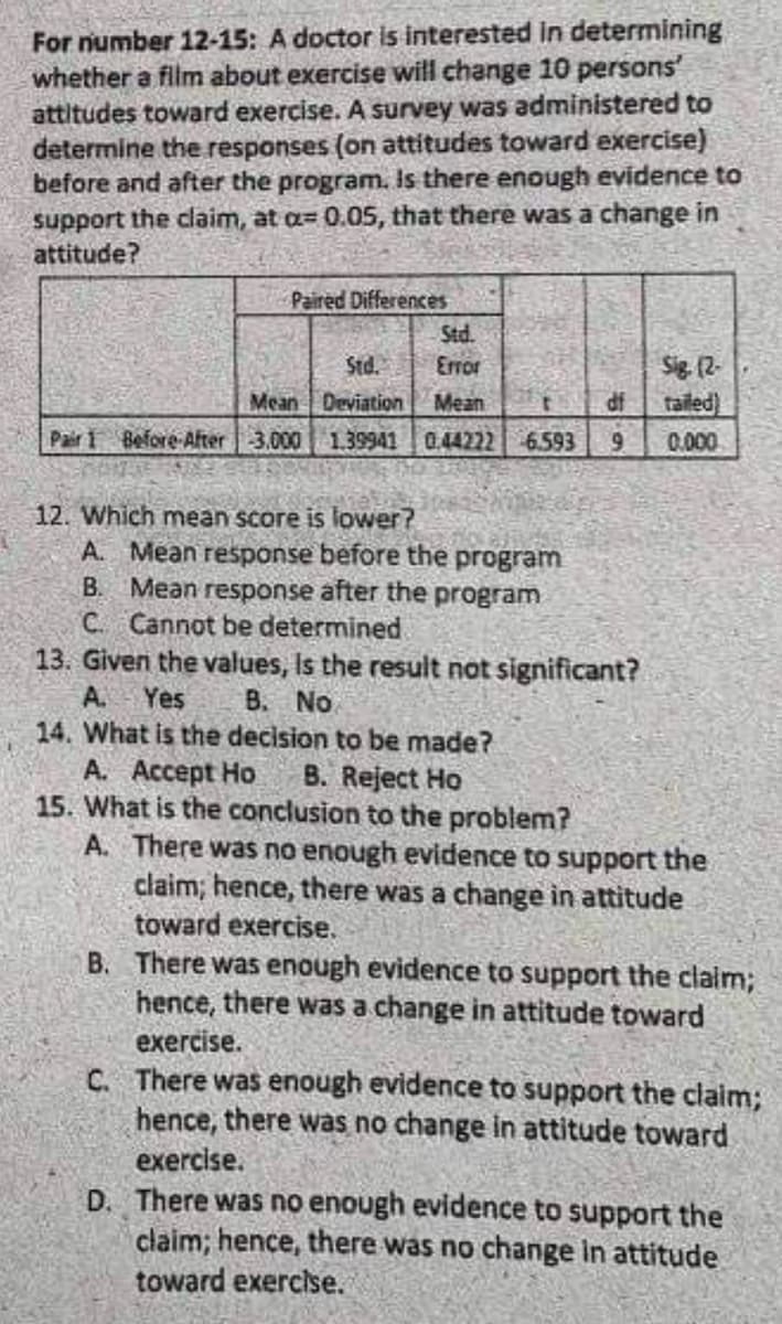 For number 12-15: A doctor is interested in determining
whether a film about exercise will change 10 persons'
attitudes toward exercise. A survey was administered to
determine the responses (on attitudes toward exercise)
before and after the program. Is there enough evidence to
support the claim, at a= 0.05, that there was a change in
attitude?
Paired Differences
Std.
Mean Deviation
Pair 1 Before After 3.000 1.39941
Std.
Error
Mean
t df
0.44222 6.593 9
Sig. (2-
tailed)
0.000
12. Which mean score is lower?
A. Mean response before the program
Mean response after the program
C. Cannot be determined
B.
13. Given the values, Is the result not significant?
B. No
A. Yes
14. What is the decision to be made?
A. Accept Ho
B. Reject Ho
15. What is the conclusion to the problem?
A. There was no enough evidence to support the
claim; hence, there was a change in attitude
toward exercise.
B. There was enough evidence to support the claim;
hence, there was a change in attitude toward
exercise.
C. There was enough evidence to support the claim;
hence, there was no change in attitude toward
exercise.
D. There was no enough evidence to support the
claim; hence, there was no change in attitude
toward exercise.