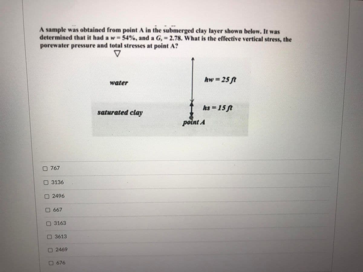 A sample was obtained from point A in the submerged clay layer shown below. It was
determined that it had a w 54%, and a G, 2.78. What is the effective vertical stress, the
porewater pressure and total stresses at point A?
hw =25 ft
water
hs =15 ft
saturated clay
point A
767
O 3136
O 2496
O 667
3163
3613
2469
676
