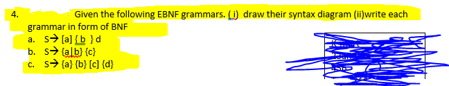 4.
Given the following EBNF grammars. () draw their syntax diagram (ii)write each
grammar in form of BNF
a. s> [a] {b }d
b. s> {alb} {c}
c. s> {a} {b} [c] {d}
