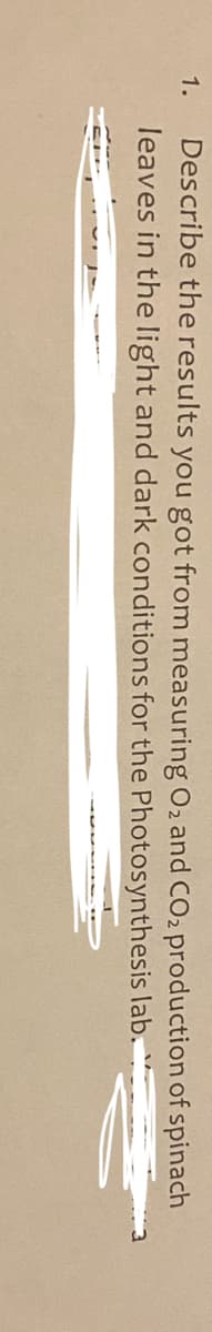 Describe the results you got from measuring O2 and CO2 production of spinach
leaves in the light and dark conditions for the Photosynthesis lab.
1.
