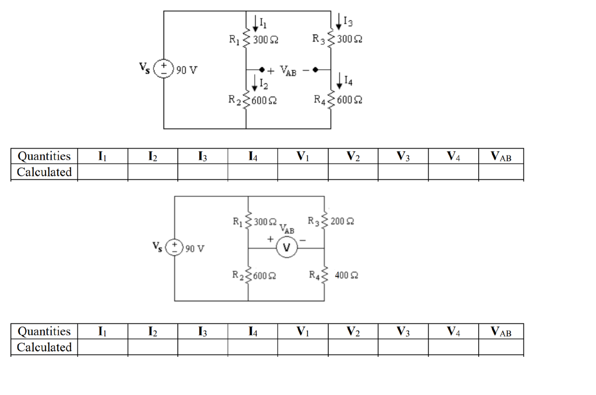 13
R1
300 2
R3 300 2
V(+
90 V
+ VAB
R236002
R46002
I2
I4
V3
VA
VAB
I3
Quantities
Calculated
R33 200 2
VAB
R133002
+
V
Vs(*) 90 V
R236002
R4.
400 2
I2
I3
I4
Vi
V2
V3
V4
V AB
Quantities
In
Calculated
