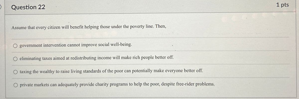 Question 22
Assume that every citizen will benefit helping those under the poverty line. Then,
○ government intervention cannot improve social well-being.
O eliminating taxes aimed at redistributing income will make rich people better off.
O taxing the wealthy to raise living standards of the poor can potentially make everyone better off.
O private markets can adequately provide charity programs to help the poor, despite free-rider problems.
1 pts