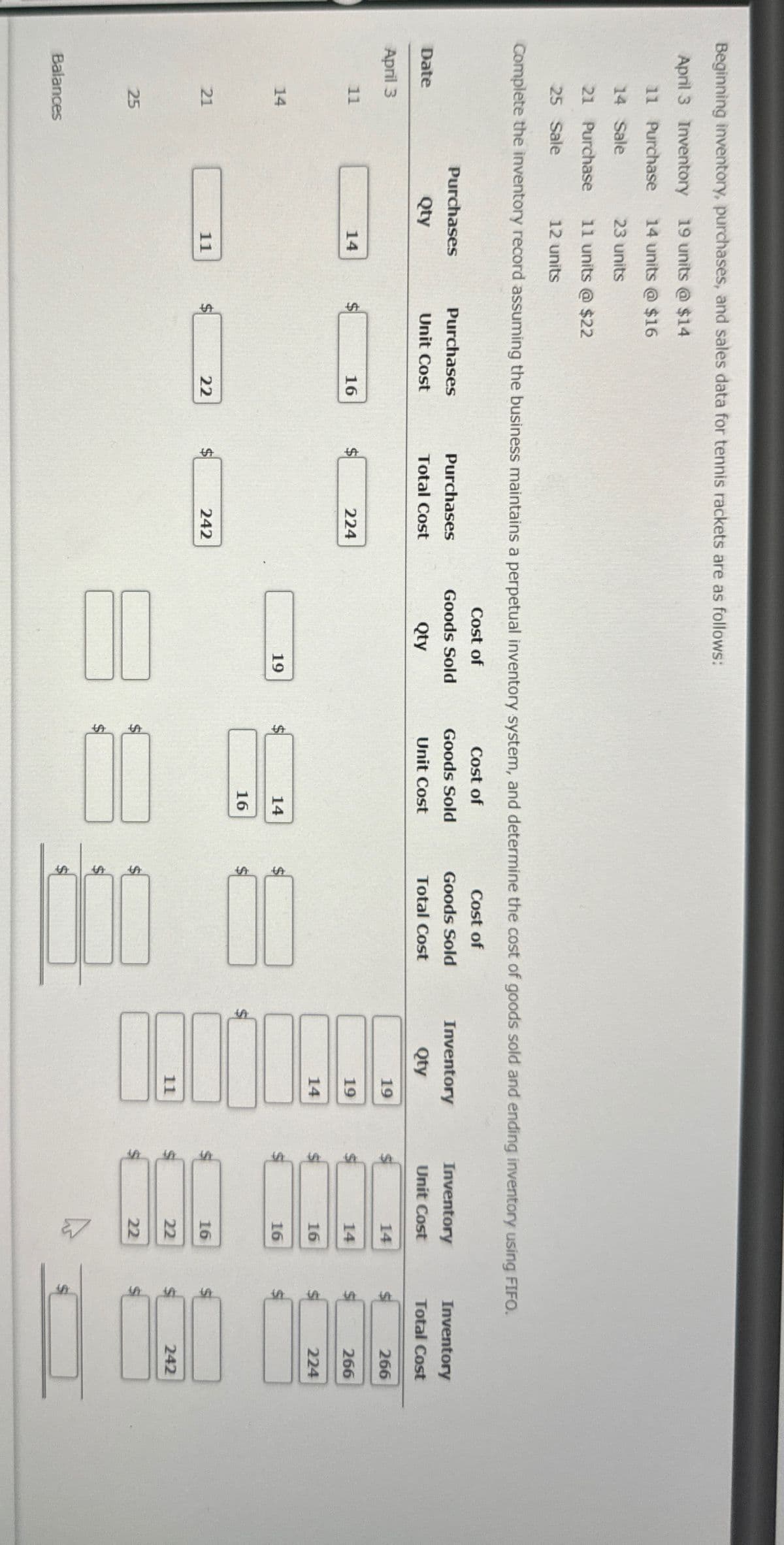 Beginning inventory, purchases, and sales data for tennis rackets are as follows:
April 3 Inventory
Inventory
Unit Cost
Inventory
Total Cost
姐
14
266
Complete the inventory record assuming the business maintains a perpetual inventory system, and determine the cost of goods sold and ending inventory using FIFO.
19 units @ $14
11 Purchase
14 Sale
21 Purchase
14 units @ $16
23 units
11 units @ $22
25 Sale
12 units
19
14
Date
Purchases
Qty
Purchases
Unit Cost
Purchases
Cost of
Goods Sold
Total Cost
Qty
Cost of
Goods Sold
Unit Cost
Cost of
Goods Sold
Total Cost
Inventory
Qty
April 3
19
11
14
16
224
14
21
11
22
25
Balances
SA
242
19
14
16
St
SA
A
A
फ
เที
S
1.1*
फ
14
16
16
S
S
16
22
22
266
224
SA
S
1
फ
242