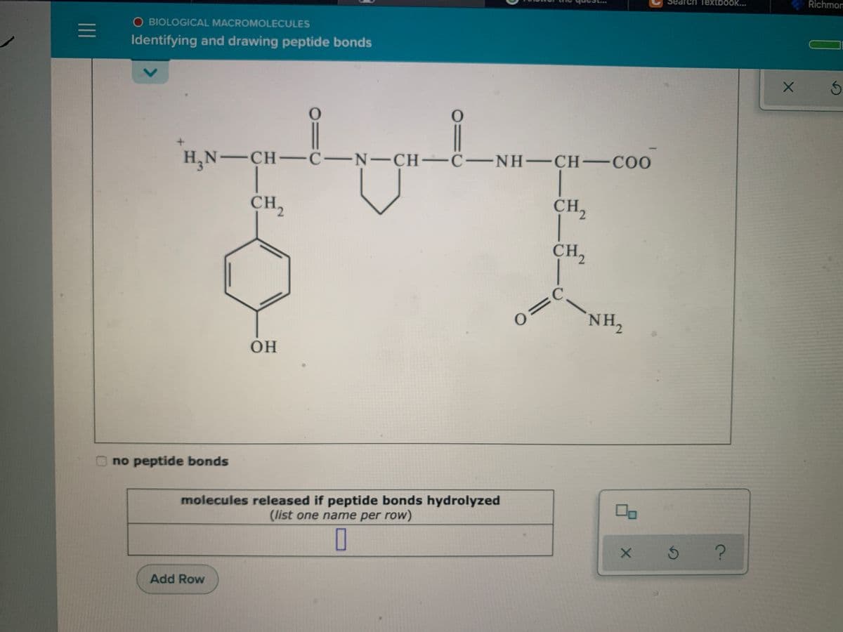 Richmon
rch Textbook...
O BIOLOGICAL MACROMOLECULES
Identifying and drawing peptide bonds
H,N-CH- C-N-CH-C-NH-CH-CO
CH2
CH,
CH,
NH,
OH
no peptide bonds
molecules released if peptide bonds hydrolyzed
(list one name per row)
Add Row
<>
