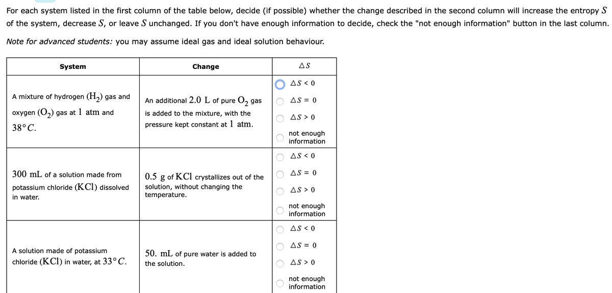 For each system listed in the first column of the table below, decide (if possible) whether the change described in the second column will increase the entropy S
of the system, decrease S, or leave S unchanged. If you don't have enough information to decide, check the "not enough information" button in the last column.
Note for advanced students: you may assume ideal gas and ideal solution behaviour.
System
Change
AS
AS < 0
A mixture of hydrogen (H,) gas and
An additional 2.0 L of pure O, gas
AS = 0
oxygen (O,) gas at 1 atm and
is added to the mixture, with the
AS > 0
38°C.
pressure kept constant at 1 atm.
not enough
information
AS < 0
300 mL of a solution made from
0.5 g of KCl crystallizes out of the
AS = 0
potassium chloride (KCI) dissolved
in water.
solution, without changing the
temperature.
AS > 0
not enough
information
AS < 0
AS = 0
A solution made of potassium
chloride (KCl) in water, at 33°C.
50. mL of pure water is added to
the solution.
AS > 0
not enough
information
