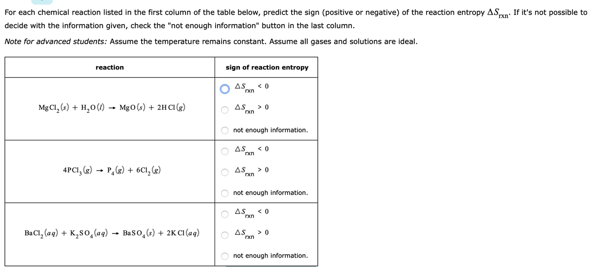 For each chemical reaction listed in the first column of the table below, predict the sign (positive or negative) of the reaction entropy AS,
rxn'
If it's not possible to
decide with the information given, check the "not enough information" button in the last column.
Note for advanced students: Assume the temperature remains constant. Assume all gases and solutions are ideal.
reaction
sign of reaction entropy
AS
< 0
rxn
Mg Cl, (s) + H,0 (1) → MgO (s) + 2H CI (g)
AS
> 0
rxn
not enough information.
AS
< 0
rxn
4PCI, (g) → P,(g) + 6Cl, (g)
AS
rxn
> 0
not enough information.
AS
< 0
rxn
BaCl, (aq) + K,s0,(aq) → BasO,(s) + 2KCI (aq)
AS
> 0
rxn
not enough information.
