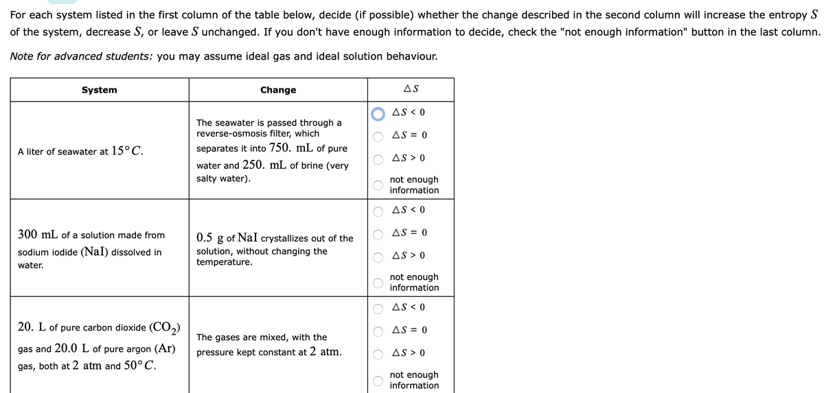 For each system listed in the first column of the table below, decide (if possible) whether the change described in the second column will increase the entropy S
of the system, decrease S, or leave S unchanged. If you don't have enough information to decide, check the "not enough information" button in the last column.
Note for advanced students: you may assume ideal gas and ideal solution behaviour.
System
Change
AS
AS < 0
The seawater is passed through a
reverse-osmosis filter, which
AS = 0
A liter of seawater at 15°C.
separates it into 750. mL of pure
AS > 0
water and 250. mL of brine (very
salty water).
not enough
information
AS < 0
300 mL of a solution made from
AS = 0
%D
0.5 g of NaI crystallizes out of the
sodium iodide (Nal) dissolved in
solution, without changing the
temperature.
AS > 0
water.
not enough
information
AS < 0
20. L of pure carbon dioxide (CO2)
AS = 0
The gases are mixed, with the
gas and 20.0 L of pure argon (Ar)
pressure kept constant at 2 atm.
AS > 0
gas, both at 2 atm and 50°C.
not enough
information
