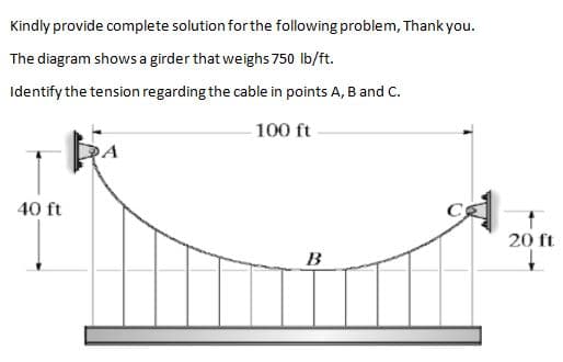 Kindly provide complete solution for the following problem, Thank you.
The diagram shows a girder that weighs 750 lb/ft.
Identify the tension regarding the cable in points A, B and C.
100 ft
40 ft
20 ft
B
