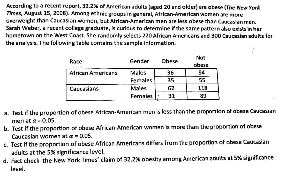 According to a recent report, 32.2% of American adults (aged 20 and older) are obese (The New York
Times, August 15, 2008). Among ethnic groups in general, African-American women are more
overweight than Caucasian women, but African-American men are less obese than Caucasian men.
Sarah Weber, a recent college graduate, is curious to determine if the same pattern also exists in her
hometown on the West Coast. She randomly selects 220 African Americans and 300 Caucasian adults for
the analysis. The following table contains the sample information.
Race
African Americans
Caucasians
Gender Obese
Males
36
Females
35
Males
62
Females
31
Not
obese
94
55
118
89
a. Test if the proportion of obese African-American men is less than the proportion of obese Caucasian
men at a = 0.05.
b. Test if the proportion of obese African-American women is more than the proportion of obese
Caucasian women at a = 0.05.
c. Test if the proportion of obese African Americans differs from the proportion of obese Caucasian
adults at the 5% significance level.
d. Fact check the New York Times' claim of 32.2% obesity among American adults at 5% significance
level.