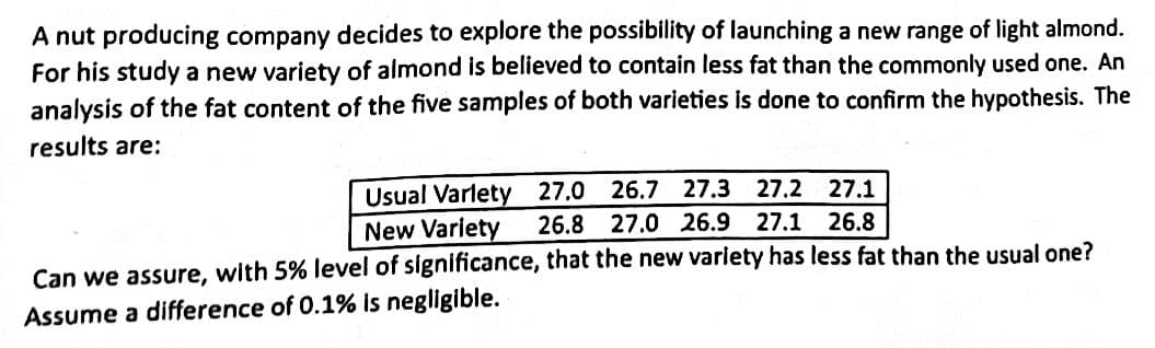 A nut producing company decides to explore the possibility of launching a new range of light almond.
For his study a new variety of almond is believed to contain less fat than the commonly used one. An
analysis of the fat content of the five samples of both varieties is done to confirm the hypothesis. The
results are:
27.2 27.1
Usual Varlety 27.0 26.7 27.3
New Variety 26.8 27.0 26.9 27.1 26.8
Can we assure, with 5% level of significance, that the new variety has less fat than the usual one?
Assume a difference of 0.1% is negligible.