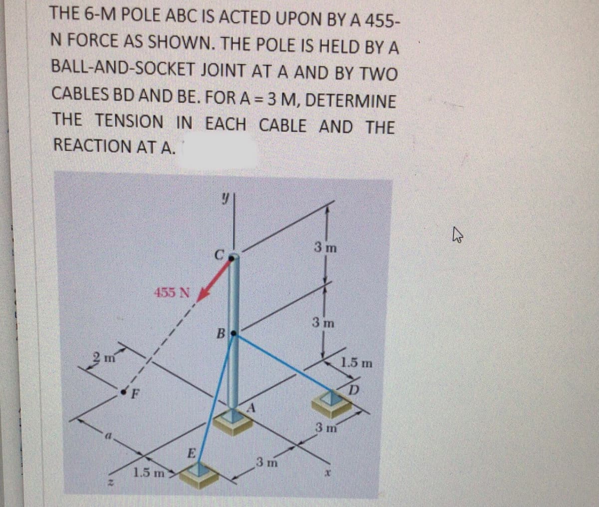 THE 6-M POLE ABC IS ACTED UPON BY A 455-
N FORCE AS SHOWN. THE POLE IS HELD BY A
BALL-AND-SOCKET JOINT AT A AND BY TWO
CABLES BD AND BE. FOR A = 3 M, DETERMINE
THE TENSION IN EACH CABLE AND THE
REACTION AT A.
3 m
455 N
3 m
1.5 m
2 m
3 m
3 m
1.5 m
